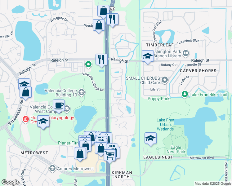 map of restaurants, bars, coffee shops, grocery stores, and more near 1513 South Kirkman Road in Orlando