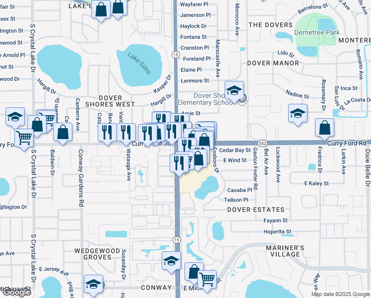 map of restaurants, bars, coffee shops, grocery stores, and more near 4436 Curry Ford Road in Orlando