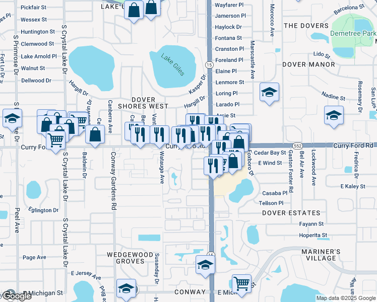 map of restaurants, bars, coffee shops, grocery stores, and more near 4150 Curry Ford Road in Orlando