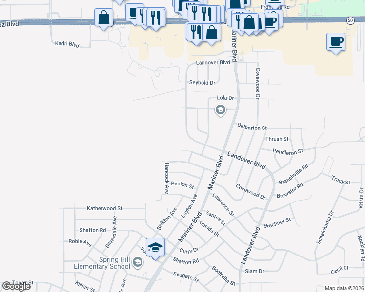 map of restaurants, bars, coffee shops, grocery stores, and more near 12411 Lombardy Street in Spring Hill