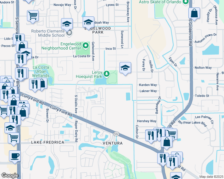 map of restaurants, bars, coffee shops, grocery stores, and more near 6400 Camellia Garden Drive in Orlando