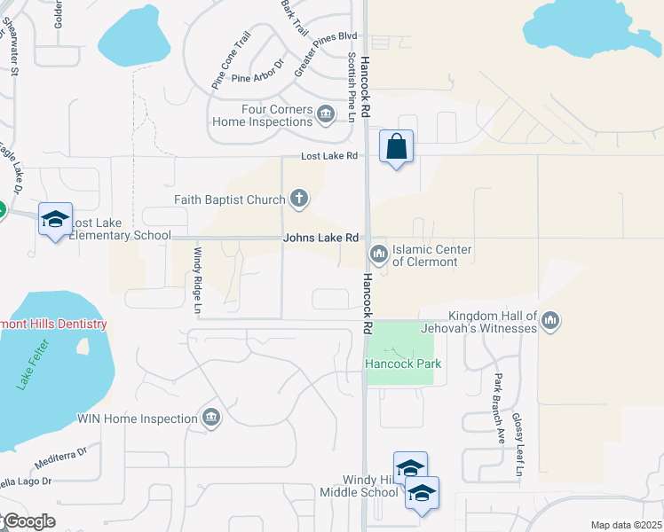 map of restaurants, bars, coffee shops, grocery stores, and more near 14916 Johns Lake Road in Clermont