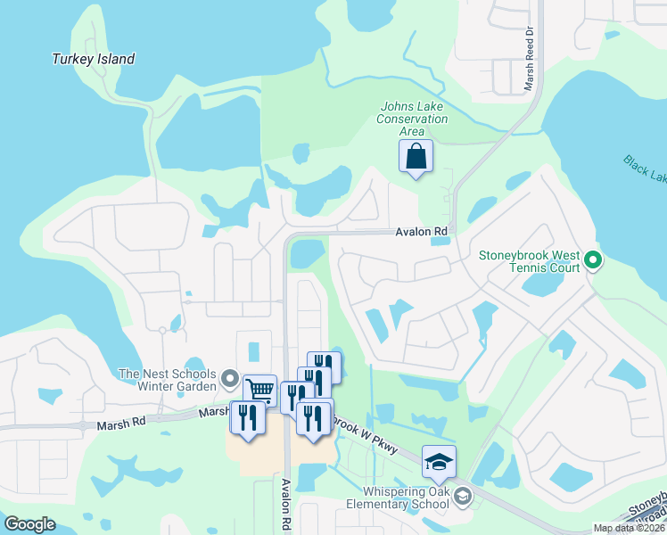 map of restaurants, bars, coffee shops, grocery stores, and more near 1220 Portmoor Way in Winter Garden