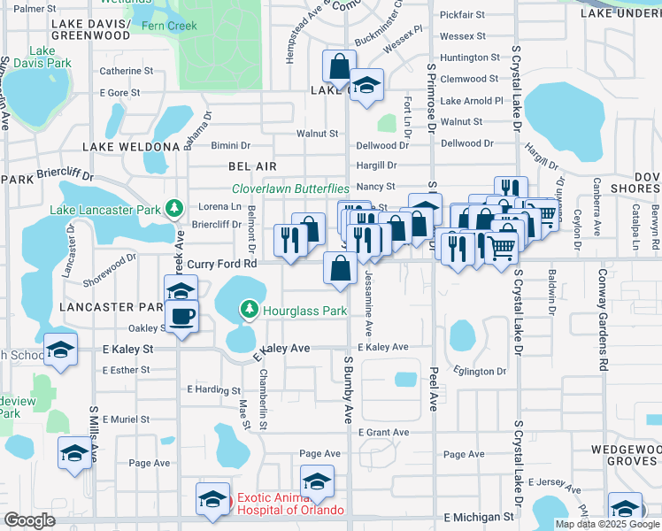 map of restaurants, bars, coffee shops, grocery stores, and more near 2300 Curry Ford Road in Orlando