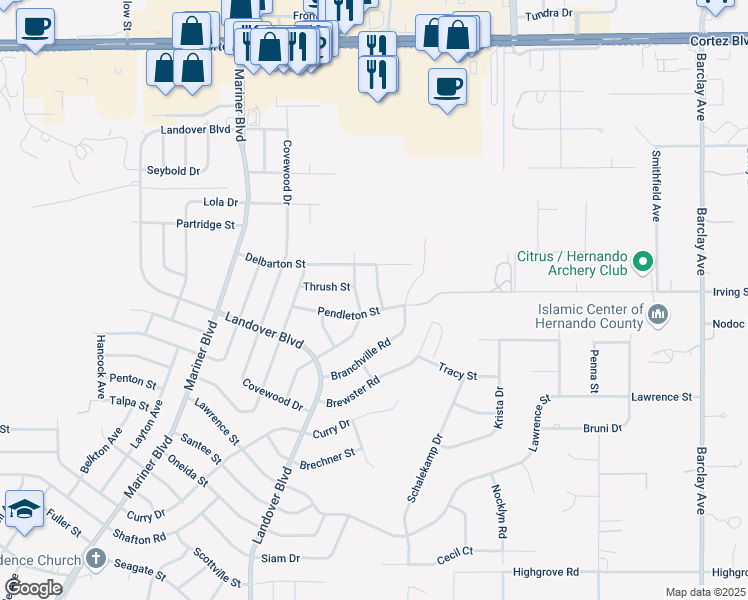 map of restaurants, bars, coffee shops, grocery stores, and more near 6339 Shadydale Avenue in Spring Hill