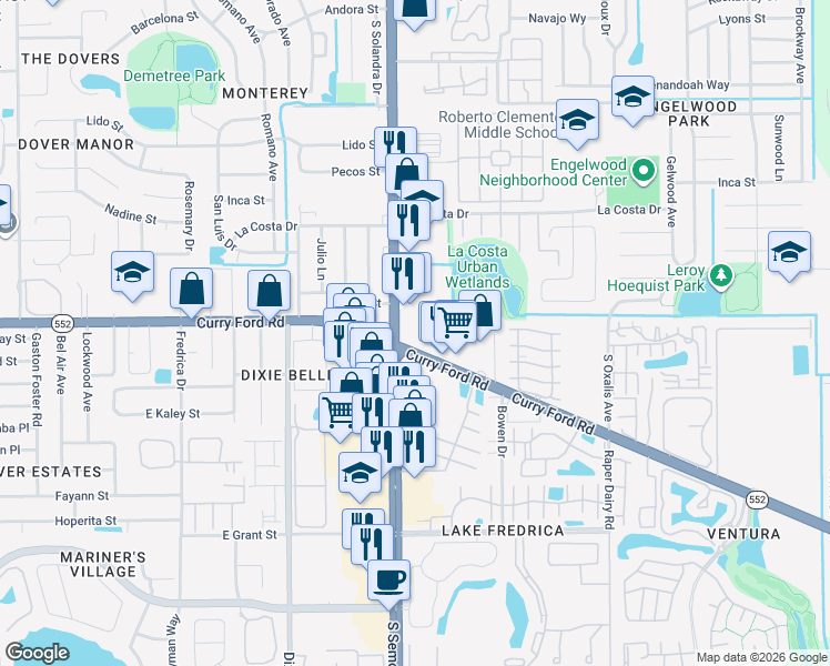 map of restaurants, bars, coffee shops, grocery stores, and more near 1515 South Semoran Boulevard in Orlando