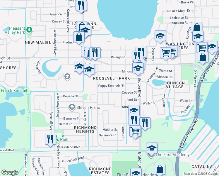 map of restaurants, bars, coffee shops, grocery stores, and more near 1504 Amaros Avenue in Orlando
