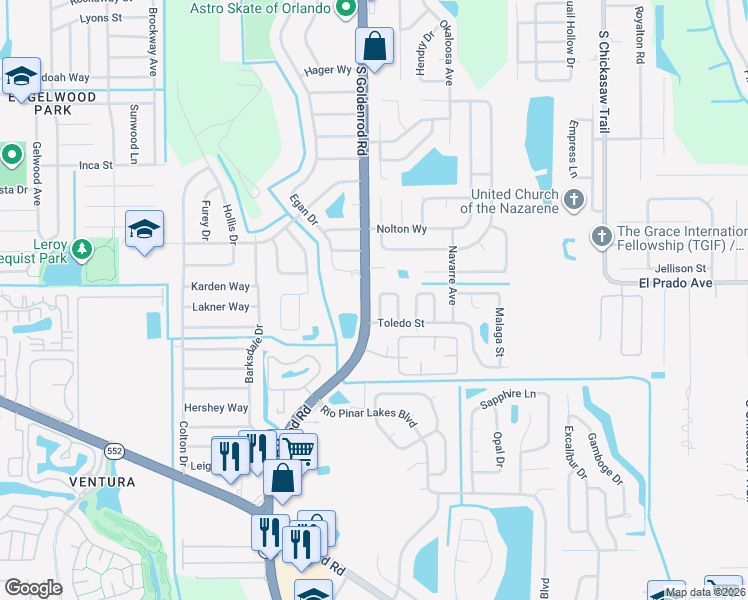 map of restaurants, bars, coffee shops, grocery stores, and more near 1010 Vigo Avenue in Orlando