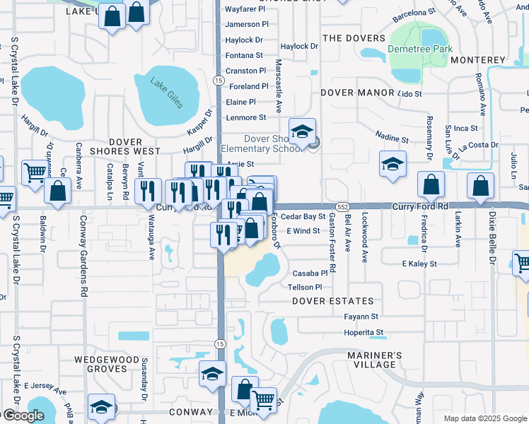 map of restaurants, bars, coffee shops, grocery stores, and more near 4544 Curry Ford Road in Orlando