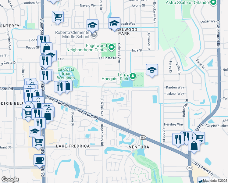 map of restaurants, bars, coffee shops, grocery stores, and more near Eagle Creek Circle in Orlando