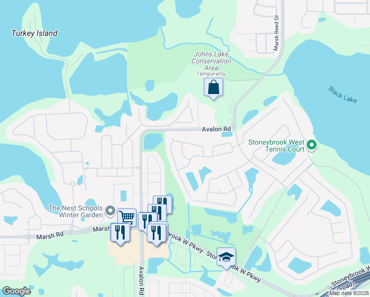 map of restaurants, bars, coffee shops, grocery stores, and more near 1101 Maidenmoor Road in Winter Garden