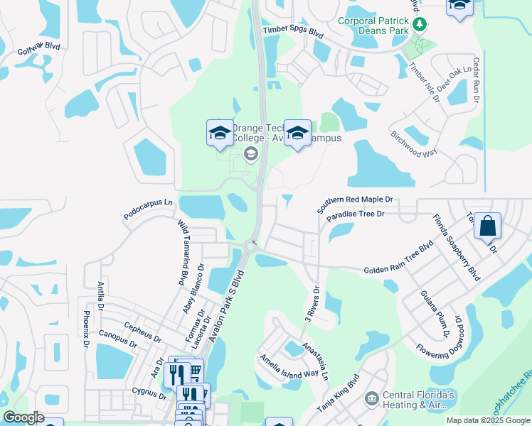 map of restaurants, bars, coffee shops, grocery stores, and more near 2019 Avalon Park South Boulevard in Orlando