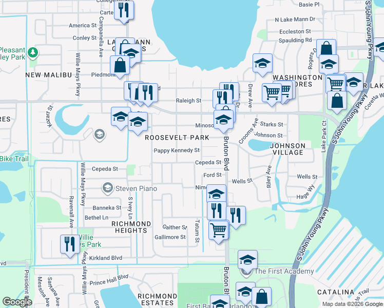 map of restaurants, bars, coffee shops, grocery stores, and more near 4130 Pappy Kennedy Street in Orlando