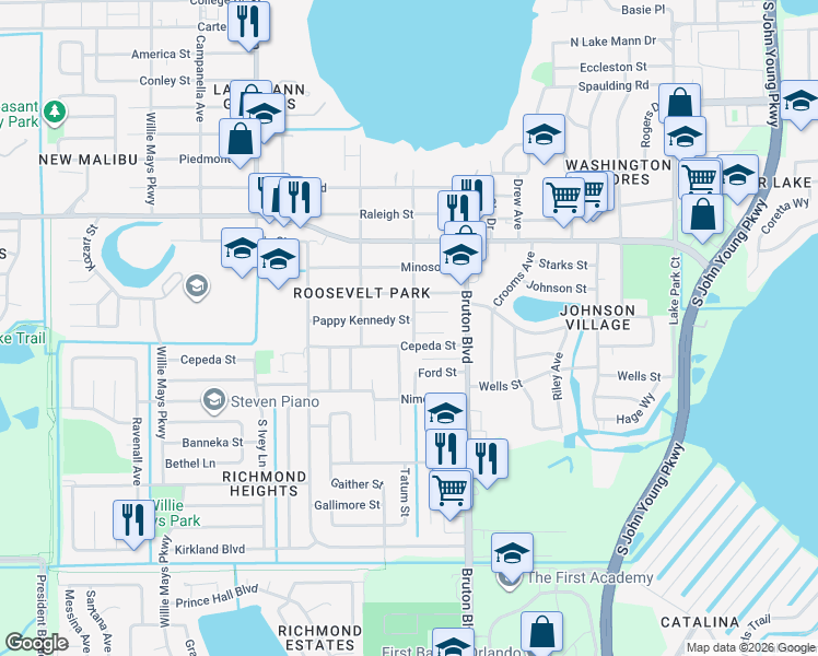 map of restaurants, bars, coffee shops, grocery stores, and more near 4130 Pappy Kennedy Street in Orlando