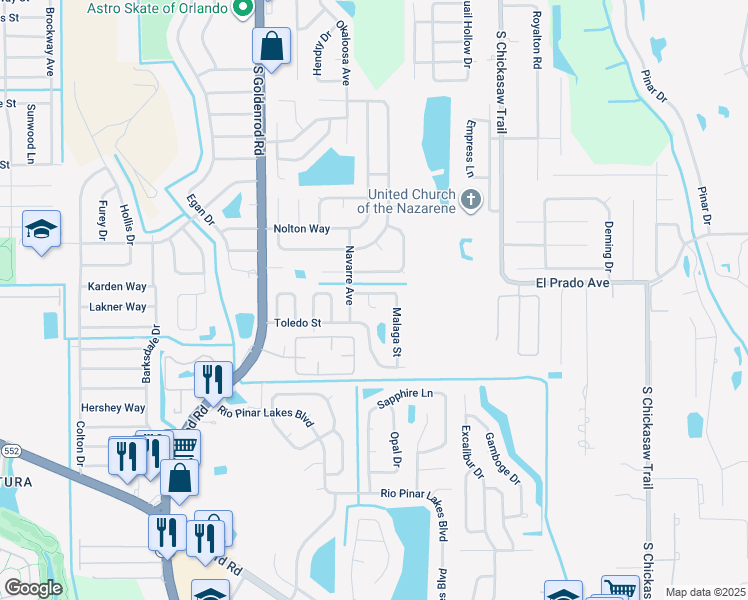 map of restaurants, bars, coffee shops, grocery stores, and more near 7918 Segovia Street in Orlando