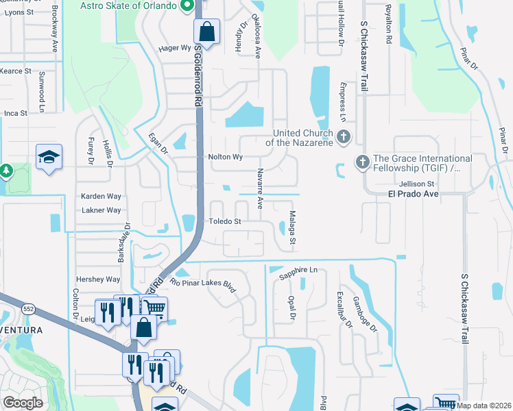 map of restaurants, bars, coffee shops, grocery stores, and more near 1610 Navarre Avenue in Orlando