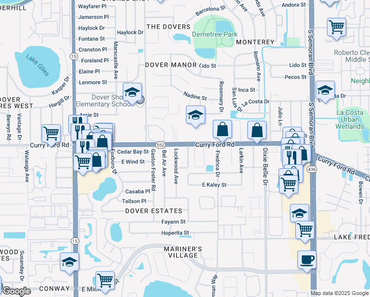 map of restaurants, bars, coffee shops, grocery stores, and more near 5180 Curry Ford Road in Orlando