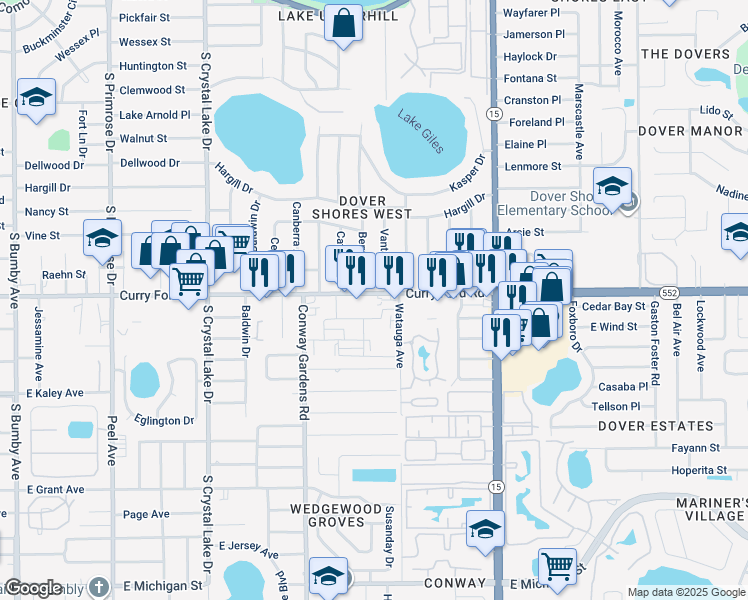 map of restaurants, bars, coffee shops, grocery stores, and more near 3902 State Route 552 in Orlando