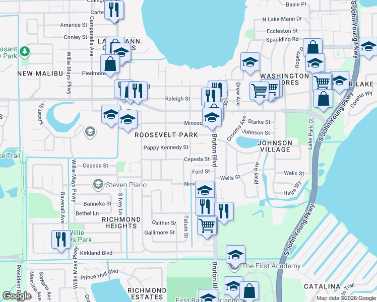 map of restaurants, bars, coffee shops, grocery stores, and more near 4130 Pappy Kennedy Street in Orlando