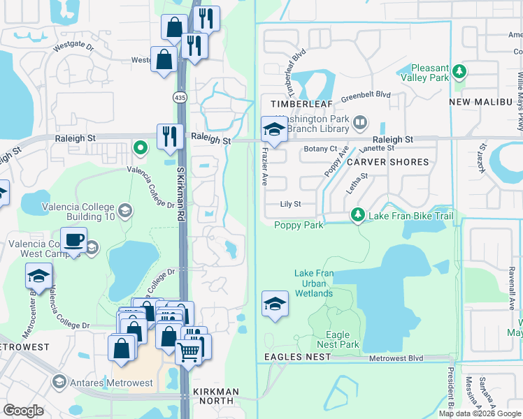 map of restaurants, bars, coffee shops, grocery stores, and more near 1518 Frazier Avenue in Orlando