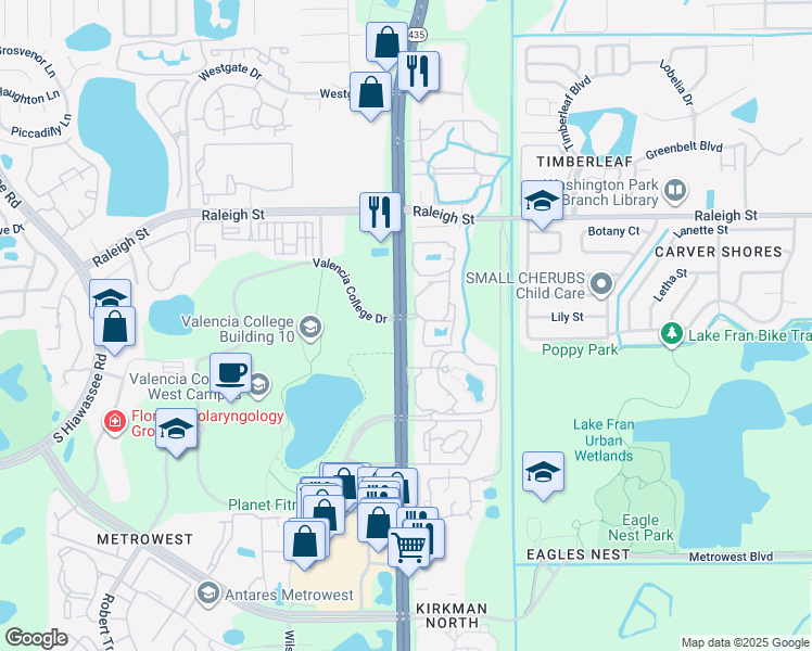 map of restaurants, bars, coffee shops, grocery stores, and more near 1513 South Kirkman Road in Orlando