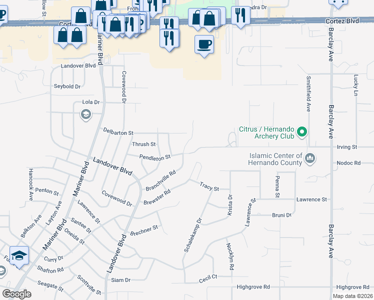 map of restaurants, bars, coffee shops, grocery stores, and more near 13285 Pendleton Street in Spring Hill