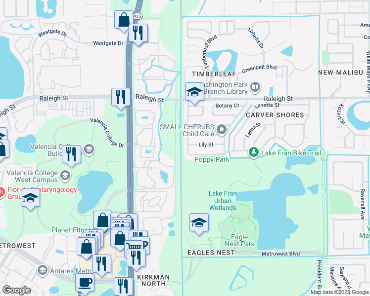 map of restaurants, bars, coffee shops, grocery stores, and more near 1518 Frazier Avenue in Orlando