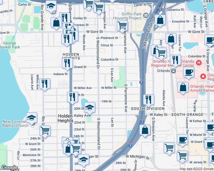 map of restaurants, bars, coffee shops, grocery stores, and more near 1517 Nieuport Lane in Orlando