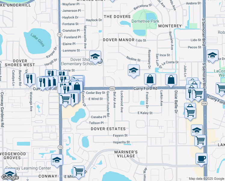 map of restaurants, bars, coffee shops, grocery stores, and more near 1603 Gaston Foster Road in Orlando