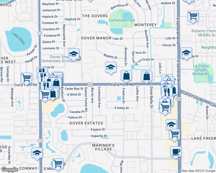 map of restaurants, bars, coffee shops, grocery stores, and more near 5180 Curry Ford Road in Orlando