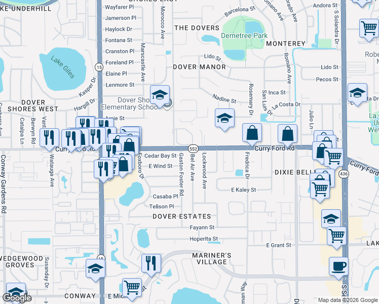 map of restaurants, bars, coffee shops, grocery stores, and more near 5110 Curry Ford Road in Orlando