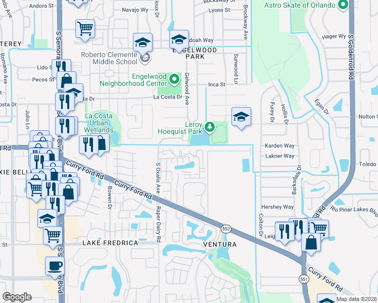 map of restaurants, bars, coffee shops, grocery stores, and more near 1613 Little Falls Circle in Orlando