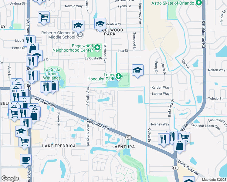 map of restaurants, bars, coffee shops, grocery stores, and more near 1612 Shady Ridge Court in Orlando