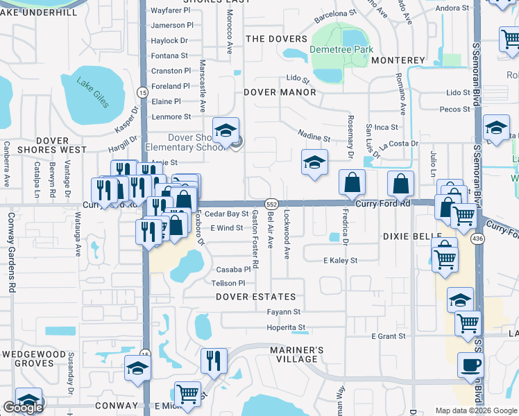 map of restaurants, bars, coffee shops, grocery stores, and more near 1603 Gaston Foster Road in Orlando
