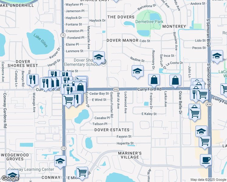 map of restaurants, bars, coffee shops, grocery stores, and more near 1603 Gaston Foster Road in Orlando