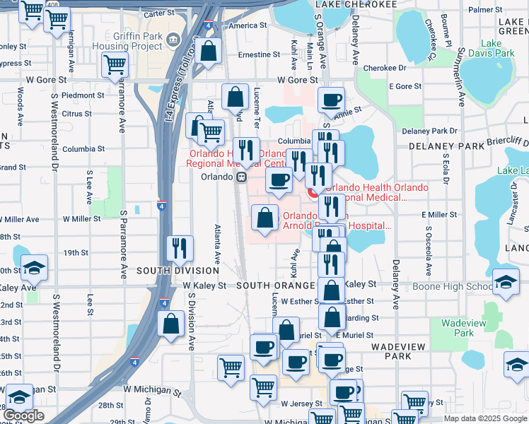 map of restaurants, bars, coffee shops, grocery stores, and more near 105 West Miller Street in Orlando