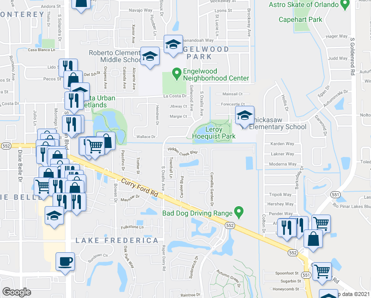 map of restaurants, bars, coffee shops, grocery stores, and more near 1619 Sandy Point Square in Orlando