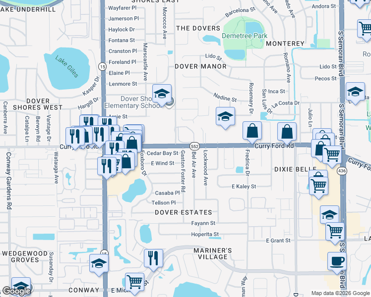 map of restaurants, bars, coffee shops, grocery stores, and more near 1603 Gaston Foster Road in Orlando