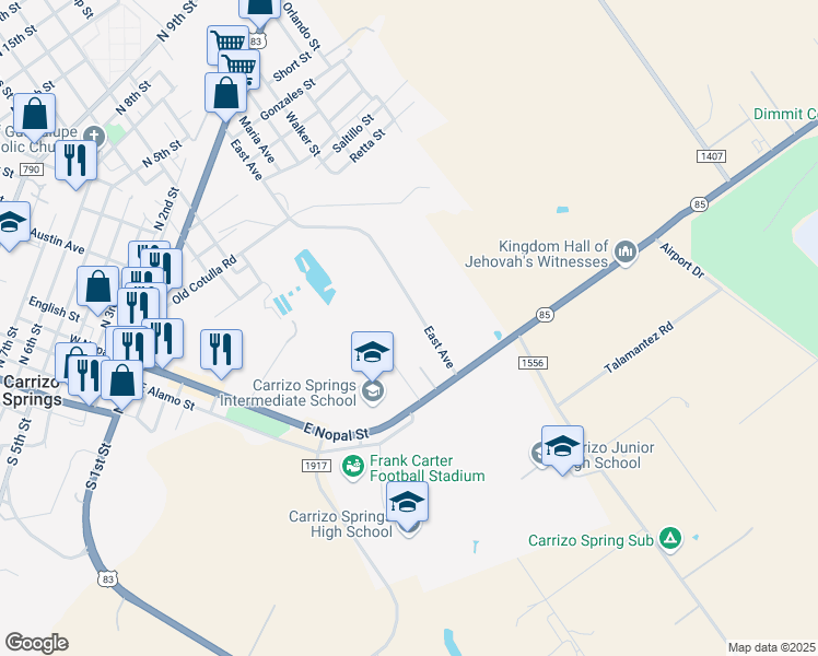 map of restaurants, bars, coffee shops, grocery stores, and more near 1300 East Avenue in Carrizo Springs