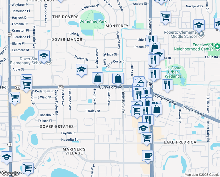 map of restaurants, bars, coffee shops, grocery stores, and more near 5402 Curry Ford Road in Orlando