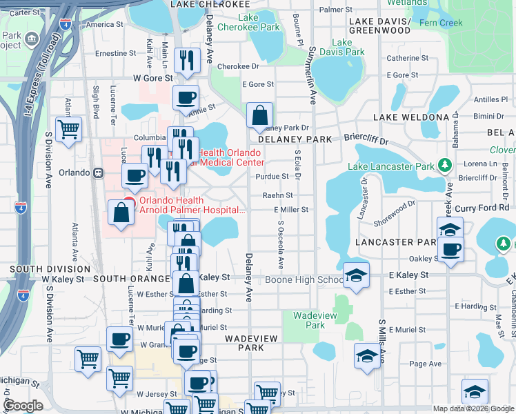 map of restaurants, bars, coffee shops, grocery stores, and more near 1525 Delaney Avenue in Orlando