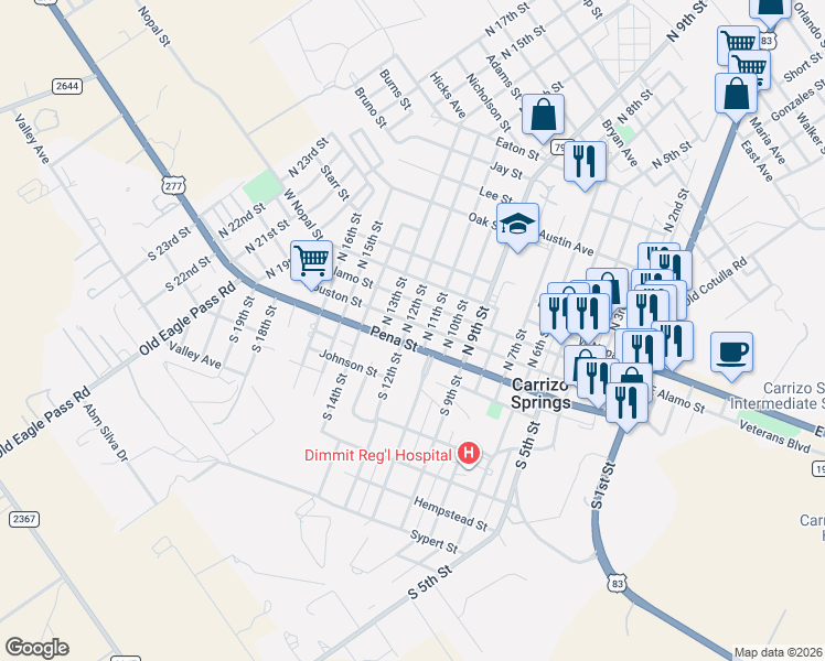 map of restaurants, bars, coffee shops, grocery stores, and more near 1106 W Houston St in Carrizo Springs
