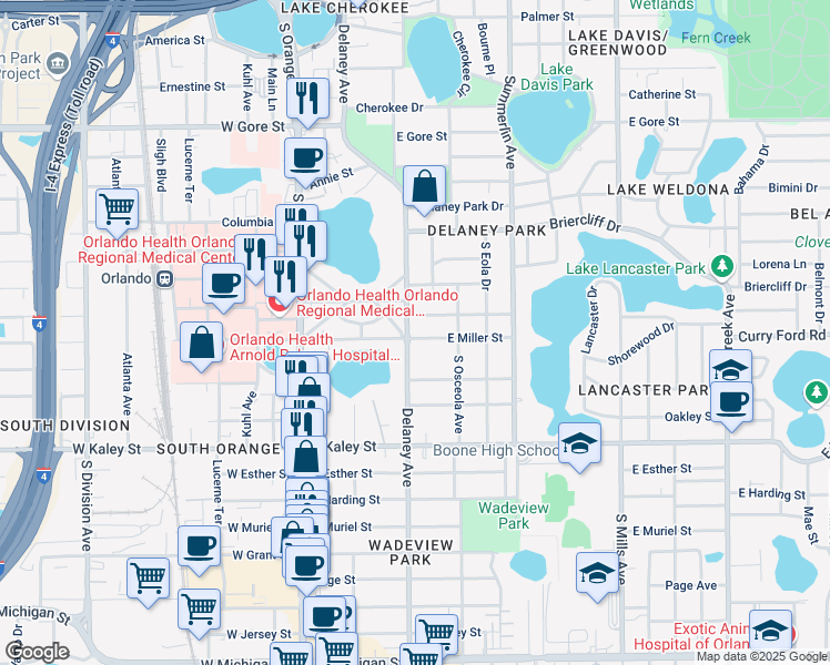 map of restaurants, bars, coffee shops, grocery stores, and more near 1525 Delaney Avenue in Orlando