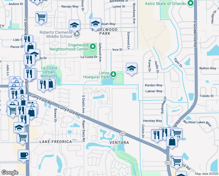 map of restaurants, bars, coffee shops, grocery stores, and more near 1621 Shady Ridge Court in Orlando