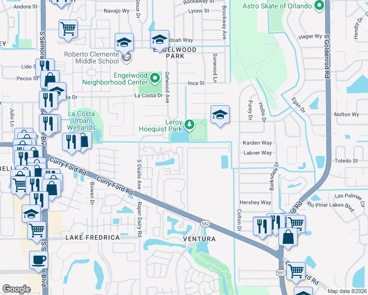 map of restaurants, bars, coffee shops, grocery stores, and more near 1621 Shady Ridge Court in Orlando