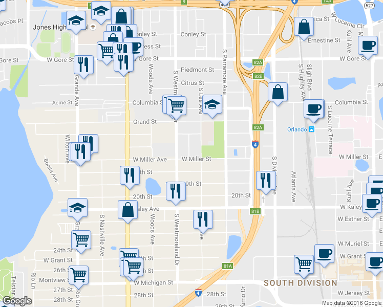 map of restaurants, bars, coffee shops, grocery stores, and more near 1513 Nieuport Lane in Orlando