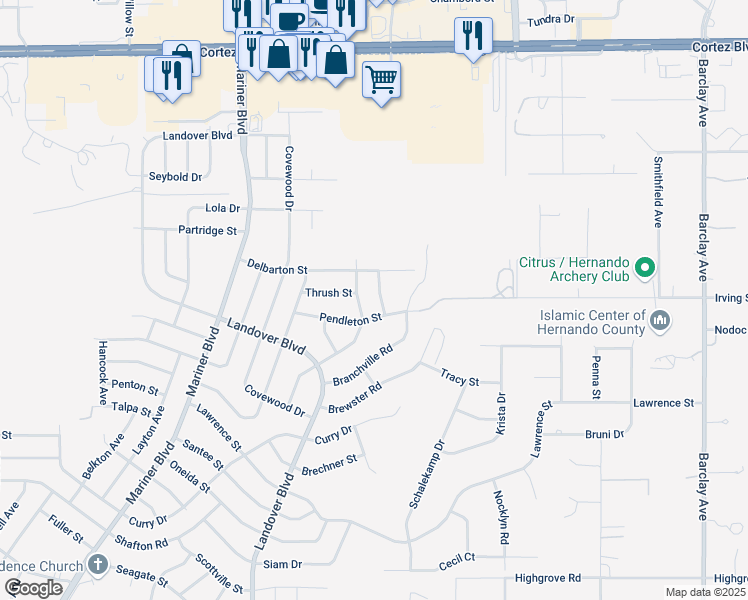 map of restaurants, bars, coffee shops, grocery stores, and more near 6339 Shadydale Avenue in Spring Hill