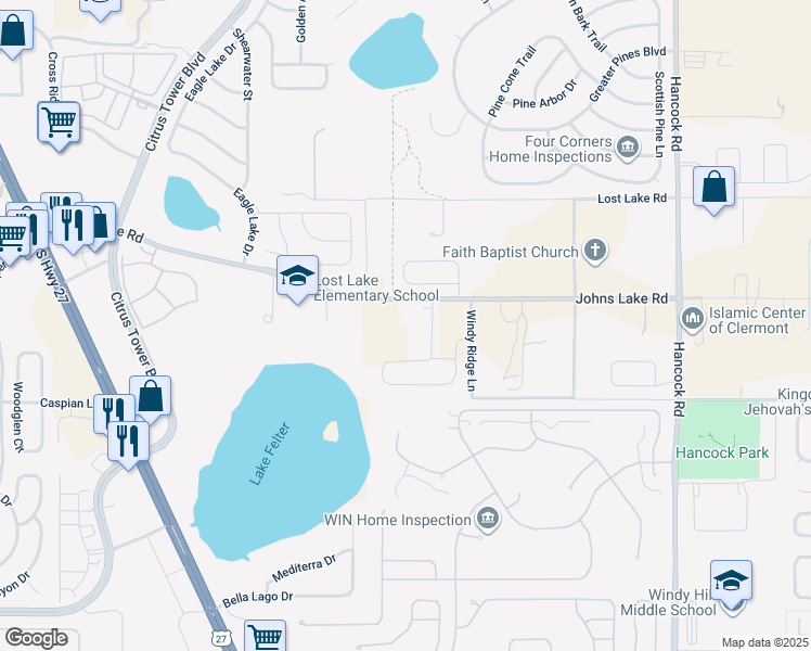 map of restaurants, bars, coffee shops, grocery stores, and more near 14324 Johns Lake Road in Clermont