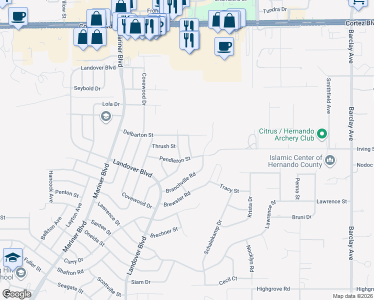map of restaurants, bars, coffee shops, grocery stores, and more near 6347 Shadydale Avenue in Spring Hill