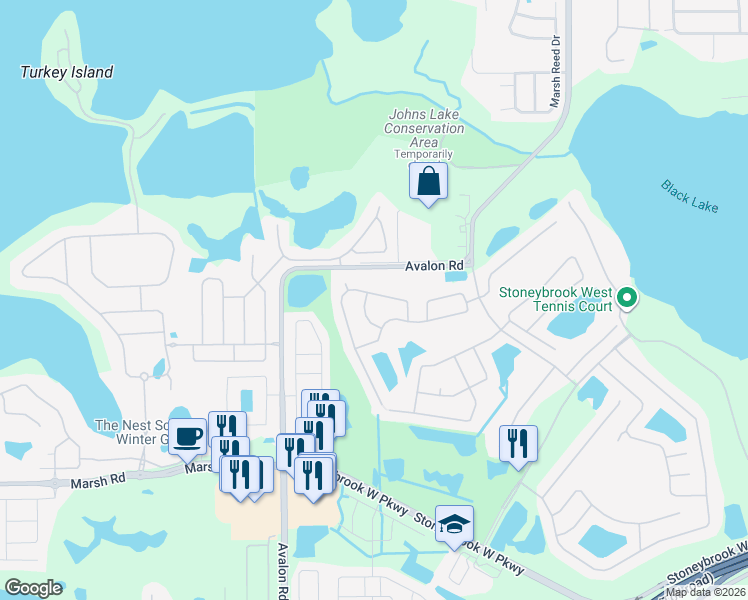 map of restaurants, bars, coffee shops, grocery stores, and more near 1101 Maidenmoor Road in Winter Garden